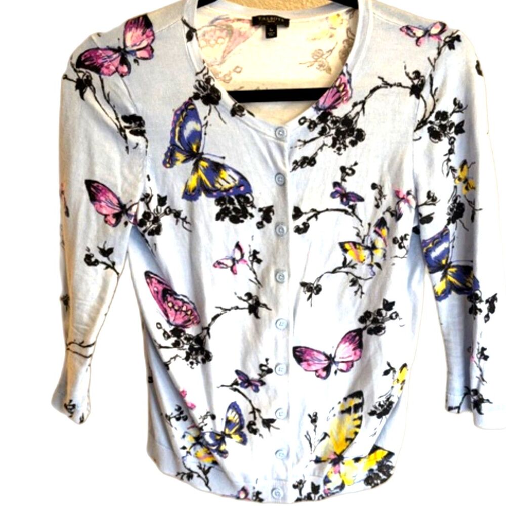 Talbots Petite Butterfly Print Cardigan Sweater SP Light Blue Button Front
